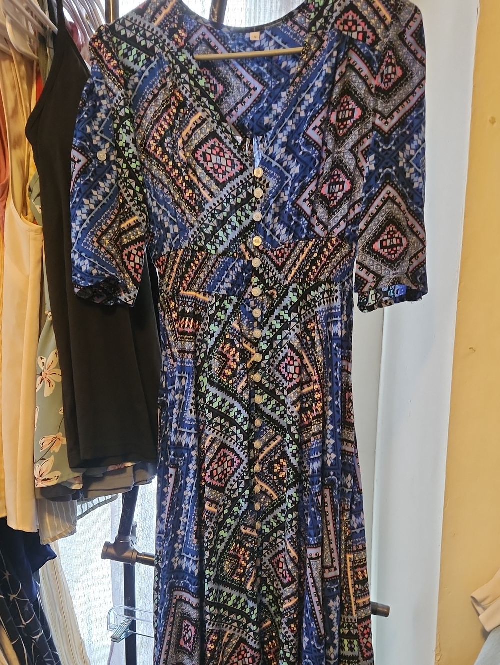 Bohemian V-Neck Button-Front Maxi Dress in Blue